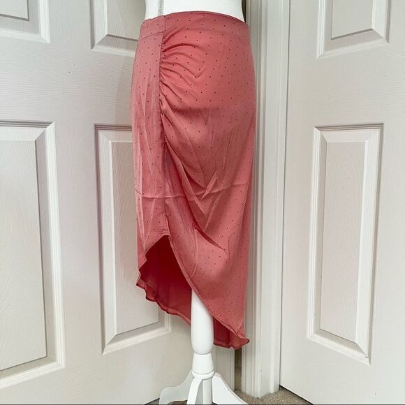 BCBGeneration Pink Black Ruched Asymmetrical Polka Dots Skirt Size 6 - Picture 6 of 10